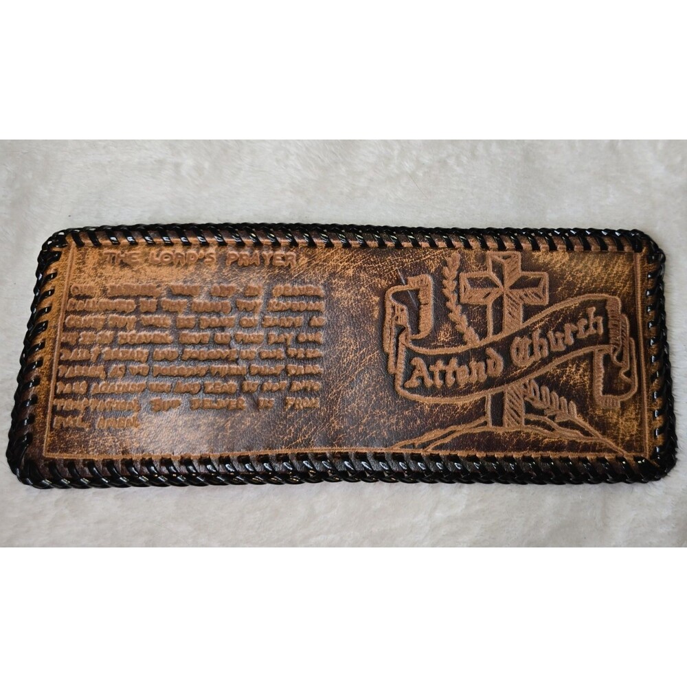 Hand Tooled Leather Bifold Wallet Edge Lacing ATTEND CHURCH "THE LORDS PRAYER"